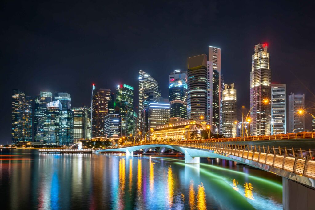 Scyscrapers view at night in Singapore